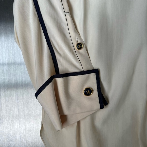 Chanel Vintage Embroidered Logo Button Down in Cream and Navy - Picture 6 of 7
